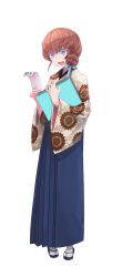 1girl @_@ absurdres blue_eyes blue_hakama brown_hair daisi_gi fate/grand_order fate_(series) floral_print floral_print_kimono full_body hair_bun hakama hakama_skirt highres holding holding_sketchbook japanese_clothes kimono omikuji print_kimono sketchbook skirt sweat tearing_up van_gogh_(fate) white_background