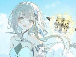 1girl bare_shoulders blue_eyes blue_sky detached_sleeves genshin_impact grey_hair guizhong_(genshin_impact) highres light_blush looking_at_viewer medium_hair memory_of_dust_(genshin_impact) open_mouth ousssx_x sidelocks sketch sky solo upper_body