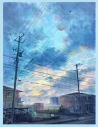 blue_border blue_sky border building car cloud cloudy_sky commentary_request day fence motor_vehicle no_humans nzwt original outdoors power_lines road scenery signature sky town utility_pole wind_turbine windmill