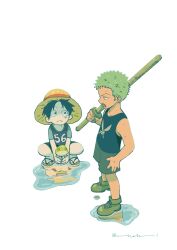 2boys absurdres animal black_eyes black_hair bokken eye_contact facial_scar flip-flops frog full_body green_hair hand_on_own_hip hat highres holding holding_animal looking_at_another male_focus monkey_d._luffy multiple_boys nok_(nok_1) one_piece over_shoulder puddle roronoa_zoro sandals scar scar_on_cheek scar_on_face short_hair shorts sideburns simple_background squatting straw_hat sword weapon weapon_over_shoulder white_background wooden_sword