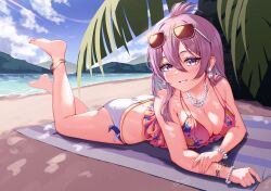 1girl 2_ru ahoge aika_himena ass barefoot beach bead_bracelet bead_necklace beads bikini blush bracelet breasts cleavage eyewear_on_head gold_bracelet grin hair_between_eyes highres jewelry large_breasts long_hair looking_at_viewer lying magia_record:_mahou_shoujo_madoka_magica_gaiden mahou_shoujo_madoka_magica multiple_bracelets necklace ocean on_stomach pink-tinted_eyewear pink_bikini sidelocks smile solo sunglasses swimsuit tinted_eyewear white_bikini