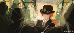 Rule 34 | 1girl, 6+others, absurdres, alternate costume, black hat, black jacket, bow, checkered bow, checkered clothes, checkered necktie, chongyu, clock, closed mouth, collared shirt, door, english text, female service cap, glass pen, halftone, hat, highres, holding, holding pen, jacket, long hair, looking at viewer, low ponytail, multiple others, necktie, orange hair, pen, people, police, police uniform, policewoman, ponytail, reverse:1999, shirt, sonetto (reverse:1999), suit jacket, upper body, watermark, weibo watermark, white shirt, window