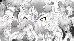 Rule 34 | !, 2boys, abs, absurdres, antenna hair, arm tattoo, black tank top, blush, chest tattoo, chinese commentary, chinese text, commentary request, doggo 0117, facial tattoo, fellatio, greyscale, hair between eyes, handjob, highres, honkai: star rail, honkai (series), large penis, licking, licking penis, male focus, medium hair, monochrome, multiple boys, mydei (honkai: star rail), oral, penis, phainon (honkai: star rail), red tattoo, short hair, spoken exclamation mark, spot color, tank top, tattoo, toned, toned male, topless male, translation request, white sleeves, yaoi