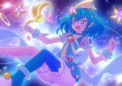 Rule 34 | 1girl, :d, absurdres, anklet, blue choker, blue eyes, blue hair, blue pantyhose, bracelet, choker, collarbone, cure milky, earrings, flat chest, floating hair, hagoromo lala, hair ornament, highres, jewelry, long hair, open mouth, pantyhose, pointy ears, precure, shooting star hair ornament, shorts, single leg pantyhose, sky, smile, star-shaped pupils, star (sky), star (symbol), star earrings, star hair ornament, star twinkle precure, starry sky, symbol-shaped pupils, uma (precure), white shorts, zerolay
