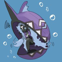 1girl aqua_eyes black_skin blue_background blue_hair bubble colored_skin female_focus fewer_digits flat_chest full_body gen_7_pokemon half-closed_eyes hands_up legendary_pokemon long_hair looking_down mermaid messy_hair monster_girl monya motion_lines multicolored_skin nintendo no_mouth pokemon pokemon_(creature) sad sidelocks simple_background solo squiggle tapu_fini two-tone_skin very_long_hair webbed_hands white_skin
