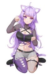 1girl absurdres animal_ear_fluff animal_ears artist_logo belt black_belt black_boots black_choker boots breasts camisole cat_cutout cat_ears cat_girl cat_tail choker cleavage closed_mouth clothing_cutout covered_collarbone fishnet_thighhighs fishnets grey_shorts hair_ornament hairclip heart highres hololive kneeling logo long_hair navel nekomata_okayu o-ring o-ring_choker pantyhose purple_camisole purple_eyes purple_hair purple_pantyhose see-through_shrug shorts single_leg_pantyhose solo tail thighhighs torn_camisole torn_clothes torn_shorts velantart virtual_youtuber white_background