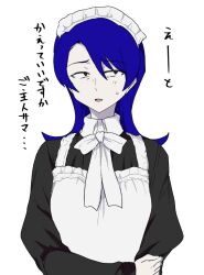 1girl ado_(utaite) atashi_wa_mondaisaku black_dress blue_hair collared_shirt commentary dress dress_shirt long_sleeves maid_headdress medium_hair ohiyaglass open_mouth shirt simple_background solo sweatdrop symbol-only_commentary tanaka_keiko_(ado) upper_body white_background white_shirt