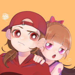 1boy 1girl backwards_hat baseball_cap blossom_(ppg) blush bow brick_(ppg) dress hair_bow hand_on_another&#039;s_shoulder hat heart highres holding holding_behind_back long_hair open_mouth orange_hair pink_dress pink_eyes powerpuff_girls red_bow red_eyes red_hair red_hat red_shirt rowdyruff_boys shirt striped_clothes striped_dress striped_shirt sweatdrop