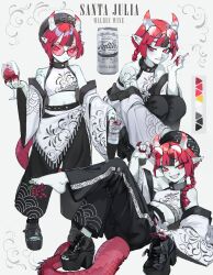 1girl alcohol arm_tattoo baggy_pants bare_shoulders barefoot black_hair black_nails black_pants blunt_bangs boots braid breasts can cigarette colored_skin crop_top cup dragon_girl dragon_horns dragon_tail drinking_glass ear_piercing earrings eyewear_on_head glasses grey_skin grin hat highres holding holding_can holding_cigarette horns jewelry k-rha&#039;s looking_at_viewer midriff multicolored_hair multiple_views nail_polish off_shoulder original pants piercing pointy_ears red_eyes red_hair round_eyewear sandals sharp_teeth shoes short_hair small_breasts smile smoking squatting standing streaked_hair sunglasses tail tattoo teeth tinted_eyewear two-tone_hair wide_sleeves wine_glass