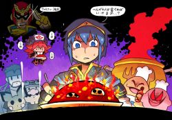 1girl 4boys blue_hair captain_falcon chef_hat chef_kawasaki creatures_(company) eating empty_eyes f-zero fire fire_emblem flamberge_(kirby) game_freak gen_2_pokemon hat hot_sauce kirby kirby_(series) mario_(series) marth_(fire_emblem) metal_gear_(series) metal_gear_solid multiple_boys nintendo pichu pokemon pokemon_(creature) pot rariatto_(ganguri) red_eyes red_hair skull smile solid_snake super_smash_bros. sweat translation_request wario wario_land warioware
