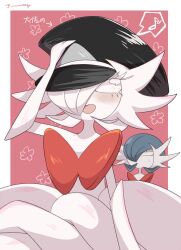 a-nya alternate_color alternate_shiny_pokemon black_hat blue_hair blush bob_cut dress elbow_gloves gardevoir gen_3_pokemon gloves hair_over_one_eye hand_on_headwear hat highres mega_gardevoir mega_pokemon nintendo no_humans open_mouth pink_background pokemon pokemon_(creature) shiny_pokemon simple_background white_dress white_gloves white_hair