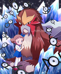 1girl absurdres animal animal_hug black_background blue_dress blue_ribbon brooch brown_hair closed_mouth creatures_(company) crystal dress entei eyelashes fuyu_(utngrtn) game_freak gen_2_pokemon highres jewelry legendary_pokemon light_particles looking_at_viewer molly_hale nintendo pokemon pokemon_(anime) pokemon_(classic_anime) pokemon_(creature) pokemon_3:_the_movie_-_spell_of_the_unown:_entei red_eyes red_footwear ribbon shirt short_hair socks unown unown_b unown_d unown_f unown_g unown_i unown_j unown_l unown_n unown_p unown_q unown_r unown_t unown_u unown_w unown_x white_shirt white_socks worried