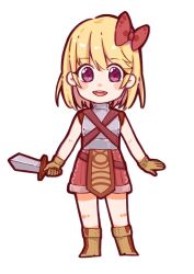 1girl armor blonde_hair blush boots bow breastplate brown_boots brown_gloves brown_shorts chinese_commentary commentary_request dagger full_body gloves hair_bow holding holding_dagger holding_knife holding_weapon knife looking_at_viewer novice_(ragnarok_online) open_mouth pelvic_curtain purple_eyes ragnarok_online red_bow shirt short_hair shorts simple_background sleeveless sleeveless_shirt smile solo w051 weapon white_background