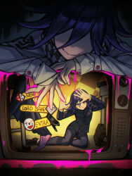 2boys absurdres artist_name black_jacket black_pants blood brown_bag checkered_clothes checkered_scarf closed_mouth danganronpa_(series) danganronpa_v3:_killing_harmony dual_persona english_text ewa_(seraphhuiyu) flipped_hair grey_jacket hands_up highres jacket long_sleeves male_focus mask mini_person miniboy multiple_boys official_alternate_costume oma_kokichi pants pink_blood purple_hair scarf smile television