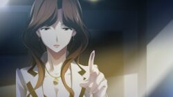 1girl black_shirt black_trim bracelet breasts brown_eyes brown_hair business_suit cleavage collarbone dim_lighting earrings formal_clothes fukuda_tomonori game_cg grey_jacket hair_over_shoulder highres indoors jacket jewelry lapels large_breasts lipstick long_hair long_sleeves looking_at_viewer makeup mature_female necklace non-web_source notched_lapels official_art open_mouth parted_bangs pendant_earring pointing pointing_at_viewer red_lips robotics;notes senomiya_misaki shiny_eyes shiny_lips shirt solo suit suit_jacket sunlight three-quarter_sleeves window_light