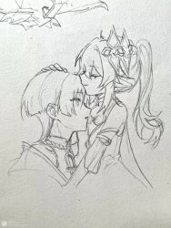 1boy 1girl armlet art_tools_in_frame blunt_ends bodysuit cape closed_eyes closed_mouth cropped_torso detached_sleeves dress eyelashes genshin_impact graphite_(medium) headpat hetero highres huiyue1016 jewelry kiss kissing_forehead lofter_username long_hair mandarin_collar nahida_(genshin_impact) off_shoulder open_mouth pointy_ears rope scaramouche_(genshin_impact) shoulder_peek side_ponytail sidelocks sketch smile traditional_media wanderer_(genshin_impact) wide-eyed