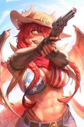 Rule 34 | 1girl, abs, absurdres, aiming, belt, black belt, black gloves, black nails, blue shorts, blue sky, braid, breasts, brown hat, cleavage, commentary, cowboy hat, dragon girl, dragon horns, dragon print, dragon tail, dragon wings, elbow gloves, eyelashes, finger on trigger, fingerless gloves, gloves, glowing pupils, gun, hair between eyes, handgun, hashtag-only commentary, hat, highres, holding, holding gun, holding weapon, horns, horns through headwear, large breasts, light particles, long hair, looking to the side, muscular, muscular female, navel, numanoan, open mouth, outdoors, panties, red hair, revolver, shorts, skull belt, sky, solo, stomach, sunlight, symbol-only commentary, tail, teeth, torn clothes, torn hat, torn wings, twin braids, underwear, upper body, virtual youtuber, vshojo, weapon, white panties, wings, zentreya, zentreya (cowboy bikini), zentreya (dragon)