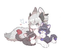 3girls animal_ears animalization black_fur black_ribbon blush bronya_zaychik cat cat_ears cat_tail drill_hair grey_eyes grey_fur haneko0216 heart highres honkai_(series) honkai_impact_3rd multiple_girls no_humans one_eye_closed open_mouth purple_eyes red_eyes ribbon seele_(alter_ego) seele_vollerei smile tail twin_drills white_background wolf wolf_ears wolf_tail
