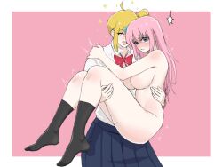 Rule 34 | 2girls, ^^^, ahoge, black socks, blonde hair, blue eyes, blue skirt, blush, bocchi the rock!, bow, bowtie, breasts, carrying, chinese commentary, clenched teeth, closed eyes, clothed female nude female, collared shirt, commentary request, completely nude, cube hair ornament, detached ahoge, gotoh hitori, hair ornament, highres, hug, ijichi nijika, inuitakumi49, large breasts, multiple girls, nude, one side up, open mouth, pink background, pink hair, pleated skirt, princess carry, red bow, red bowtie, shaded face, shirt, skirt, smile, socks, sparkle, teeth, thighs, twitching, two-tone background, white background, white shirt, yuri