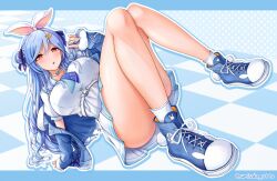 1girl animal_ears blue_hair blue_jacket blue_shoes breasts carrot_hair_ornament choker cosplay food-themed_hair_ornament hair_ornament hairpin highres hololive jacket large_breasts long_hair looking_at_viewer mature_female napozouattop orange_eyes pekomama rabbit_ears rabbit_girl shirt shoes short_eyebrows skirt sneakers solo usada_pekora usada_pekora_(casual) usada_pekora_(cosplay) very_long_hair virtual_youtuber white_choker white_shirt white_skirt