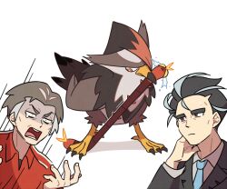 2boys bird black_hair black_suit black_undershirt blue_necktie brown_eyes collared_shirt formal_clothes gen_4_pokemon gen_8_pokemon grey_hair hand_up kabu_(pokemon) larry_(pokemon) male_focus mature_male multicolored_hair multiple_boys necktie nintendo partially_shaded_face pokemon pokemon_(creature) pokemon_sv pokemon_swsh red_shirt shirt sizzlipede small_sweatdrop ssalbulre staraptor streaked_hair stretching suit two-tone_hair white_shirt