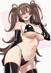 1girl absurdres bikini black_bikini black_gloves black_thighhighs breasts brown_eyes brown_hair commentary dr._arach elbow_gloves fukou gloves heart heart-shaped_pupils highres large_breasts latex latex_bikini latex_gloves latex_thighhighs long_hair looking_at_viewer navel solo stomach swimsuit symbol-shaped_pupils thighhighs thighs tsukihime tsukihime_(remake) two-tone_background two_side_up underboob very_long_hair