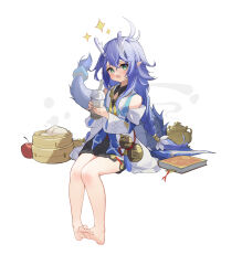 1girl absurdres bailu_(honkai:_star_rail) bamboo_steamer steamed_bun barefoot blush book bookmark bubble_tea chinese_clothes detached_sleeves dragon_girl dragon_horns dragon_tail flat_chest food full_body green_eyes hair_between_eyes highres honkai:_star_rail honkai_(series) horns long_hair looking_at_viewer ningmeng_jing_jing_jing_jing open_mouth pointy_ears purple_hair simple_background sitting soles solo sparkle tail toes very_long_hair white_background