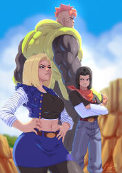 1girl 2boys android_16 android_17 android_18 black_hair blonde_hair blue_eyes blurry blurry_background breasts crossed_arms dragon_ball dragonball_z hands_on_own_hips highres large_breasts lips multiple_boys muscular muscular_male navel orange_hair pants rock short_hair signature size_difference skirt smile thighs tovio_rogers