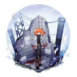 1girl a.i._voice adachi_rei belt black_shirt black_thighhighs blood blood_on_ground closed_mouth diorama full_body grey_shorts highres jacket long_sleeves looking_at_viewer mei_(meiday_mise) open_clothes open_jacket orange_belt orange_eyes orange_hair ruins shirt shorts solo standing string string_of_fate thighhighs utau white_jacket