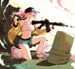 1girl absurdres asahina_yoko bare_shoulders breasts cape collarbone crop_top crop_top_overhang explosive full_body grenade grenade_pin_in_mouth highres holding holding_weapon jacket leg_warmers long_hair looking_at_viewer medium_breasts navel nitro_express pink_hair shinebell shoes shorts sitting sneakers solo stomach underboob weapon weapon_request yellow_eyes yellow_jacket