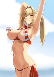 1girl ahoge arm_behind_head armpits arms_up bare_shoulders bikini blonde_hair blue_sky blush breasts censored censored_nipples character_censor chibi cleavage closed_eyes cloud collarbone criss-cross_halter fate/grand_order fate_(series) gachou hair_intakes halterneck highres large_breasts long_hair motion_lines navel nero_claudius_(fate) nero_claudius_(swimsuit_caster)_(fate) nipple_slip nipples novelty_censor one_breast_out outdoors pointless_censoring red_bikini road sky solo standing street striped_bikini striped_clothes swimsuit thighs twintails