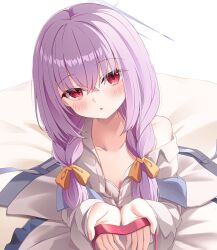1girl absurdres alternate_costume atsuko_(blue_archive) blue_archive blue_halo blush bra braid breasts hair_between_eyes halo highres long_hair looking_at_viewer open_mouth purple_hair red_eyes shira_jun shirt simple_background solo twin_braids underwear white_background white_bra white_shirt