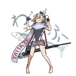 1girl american_flag american_flag_print barefoot black_one-piece_swimsuit breasts brown_hair character_name closed_eyes clothes_writing commentary_request denim denim_skirt double_thumbs_up fish flag_print full_body hair_ornament headgear highleg highleg_one-piece_swimsuit highres kantai_collection kappa_modoki medium_breasts one-piece_swimsuit pointing pointing_at_self romaji_text scarf simple_background skirt smile smug solo sparkle standing swimsuit thumbs_up wahoo_(fish) wahoo_(kancolle) white_background white_scarf