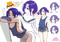 1boy ? arm_behind_back artist_name blue_hair blue_tank_top blush closed_mouth commentary_request english_text gloves grey_shorts gundam gundam_gquuuuuux highres male_focus mixed-language_text multiple_views nagano_rira nipple_slip nipples pants ponytail purple_hair red_eyes robot short_ponytail short_shorts shorts shuji_ito simple_background sleeveless speech_bubble spoken_question_mark tank_top translation_request trap twitter_username white_background white_pants