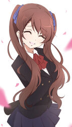 1girl ^_^ akazawa_izumi alternate_universe another arms_behind_back black_jacket black_skirt bow bowtie brown_hair buttons closed_eyes collared_shirt double-breasted facing_viewer highres jacket nel-c pleated_skirt red_bow red_bowtie school_uniform shirt skirt solo twintails white_shirt yomiyama_north_junior_high_school_uniform