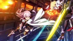 Rule 34 | 2girls, armored boots, black dress, black thighhighs, blonde hair, blue eyes, boots, cape, cosplay, crossover, dress, energy sword, fate testarossa, fate testarossa (blaze iii), fate testarossa (cosplay), fighting, fire, floating, game cg, gauntlets, grin, hair between eyes, holding, holding sword, holding weapon, katana, long hair, looking at another, lyrical nanoha, magical girl, mahou shoujo lyrical nanoha detonation, midair, multiple girls, official art, pink hair, red eyes, slashing, smile, sword, thighhighs, toji no miko, toji no miko: kizamishi issen no tomoshibi, tsubakuro yume, weapon, white cape, zettai ryouiki