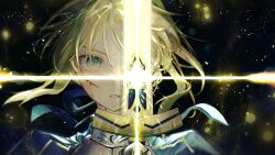 Rule 34 | 1girl, armor, artoria pendragon (fate), bleeding, blonde hair, blood, blood on face, bow, bowtie, cropped shoulders, cuts, excalibur (fate/stay night), fate/stay night, fate (series), floating hair, glowing, glowing sword, glowing weapon, green hair, highres, holding, holding sword, holding weapon, injury, light particles, looking at viewer, nigiri, parted lips, ribbon, saber (fate), short hair, sword, weapon