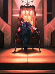 Rule 34 | 1boy, capcom, chair, epic, fingerless gloves, gloves, highres, katou teppei, knife, crossed legs, leon s. kennedy, male focus, manly, muscular, pants, resident evil, resident evil 4, shirt, short hair, sitting, solo, throne, tight shirt, veins, weapon