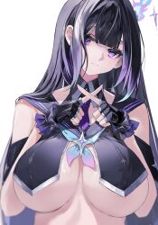 1girl absurdres aqua_eyes aqua_hair black_collar black_eyes black_gloves black_hair breasts closed_mouth collar commentary commission covering_nipples covering_privates crossed_fingers detached_sleeves fingerless_gloves gloves hair_between_eyes head_tilt highres kooemong large_breasts long_hair looking_at_viewer multicolored_eyes multicolored_hair necktie original purple_eyes purple_hair purple_necktie sailor_collar short_necktie sidelocks simple_background sleeveless solo upper_body white_background