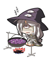 1girl bad_food black_hat brown_blindfold brown_cape brown_dress campfire cape chibi chibi_only commentary_request dress eye_print food full_body fur-trimmed_cape fur_trim grey_hair hat high_wizard_(ragnarok_online) long_hair low-tied_long_hair nitoro_(nasenaru) open_mouth print_blindfold print_hat ragnarok_online seiza simple_background sitting smile solo soup translation_request two-tone_dress white_background white_dress witch_hat wok