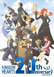 4girls 6+boys anniversary aqua_(kingdom_hearts) armor armored_boots axel_(kingdom_hearts) bare_shoulders black_boots black_gloves black_hair black_jacket black_robe black_shirt black_shorts black_thighhighs blonde_hair blue_eyes blue_hair blue_pants boots breasts brown_hair brown_pants chain chain_necklace chest_strap closed_mouth detached_sleeves dress fingerless_gloves full_body gloves green_eyes grey_gloves grey_hair grin hair_between_eyes hair_slicked_back hand_on_own_hip holding holding_sketchbook holding_weapon hood hood_down hooded_dress jacket jewelry kairi_(kingdom_hearts) keyblade kingdom_hearts kingdom_hearts_358/2_days kingdom_hearts_ii kingdom_hearts_iii medium_breasts medium_hair multiple_boys multiple_girls namine necklace o_yaszzzzz open_mouth pants pauldrons pink_dress red_hair riku_(kingdom_hearts) robe roxas sash shirt short_dress short_hair short_sleeves shorts shoulder_armor sideboob single_pauldron sketchbook sleeveless sleeveless_turtleneck smile sora_(kingdom_hearts) spiked_hair teeth terra_(kingdom_hearts) thighhighs turtleneck upside-down ventus_(kingdom_hearts) waist_sash weapon white_dress white_jacket xion_(kingdom_hearts)