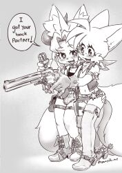 2024 2boys animal_ears artist_name ass belt blush boots bulge bullet collar cowboy cowboy_western english_text eyelashes fang fangs fox fox_boy furry furry_male furry_with_furry gloves gun hand_on_another&#039;s_ass handgun happy highres jacket monochrome multiple_boys multiple_tails navel open_mouth pistol revolver scarf sega shorts shota smile sonic_(series) sparkling_eyes sparkydb speech_bubble standing tail tails_(sonic) talking teeth thighhighs twitter_username two_tails weapon western
