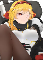 1girl ;) absurdres black_coat black_gloves black_pantyhose black_scarf blonde_hair bow breasts bright_pupils chair coat coat_partially_removed commentary double-parted_bangs dress earrings english_commentary eyewear_on_head fur_collar gaming_chair gloves hair_bow hairband highres hololive hololive_indonesia impossible_clothes impossible_dress jewelry kaela_kovalskia kaela_kovalskia_(1st_costume) knees_up large_breasts leaning_back long_sleeves looking_at_viewer medium_hair off_shoulder one_eye_closed open_clothes open_coat pantyhose red-tinted_eyewear red_bow red_eyes red_hairband scarf simple_background single_earring single_sidelock skin_tight smile solo sunglasses swept_bangs swivel_chair tinted_eyewear virtual_youtuber watercat322 white_background white_dress white_pupils