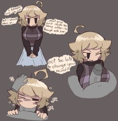1boy 1girl ahoge bad_id bad_twitter_id blonde_hair blue_eyes breasts clothed_paizuri english_text fellatio grey_penis grey_skirt hetero large_breasts mob_face oral paizuri penis pleated_skirt purple_sweater short_hair skirt sweater tacoman talking urotsuki veins veiny_penis yume_2kki