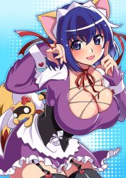 Rule 34 | 1girl, animal ears, black thighhighs, blue eyes, blue hair, breasts, choker, cleavage, frills, highres, kokubunji koyori, large breasts, maid, maid headdress, mashimaro tabetai, nail polish, nurse witch komugi-chan, posokichi, purple skirt, ribbon choker, short hair, skirt, thighhighs, unconventional maid