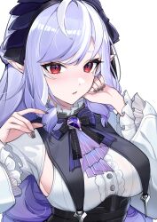Rule 34 | 1girl, absurdres, ahoge, ascot, black nails, blush, bow, bowtie, breasts, center frills, commentary, fingernails, frilled shirt, frills, gem, hair ribbon, half updo, highres, large breasts, long hair, long sleeves, mole, mole under eye, multicolored hair, nail polish, open mouth, pink eyes, pointy ears, purple ascot, purple bow, purple bowtie, purple gemstone, purple hair, purple ribbon, ribbon, rohioart, shirt, simple background, solo, streaked hair, two-tone hair, underbust, vivian banshee, white background, white shirt, zenless zone zero