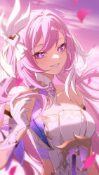 Rule 34 | 1girl, bare shoulders, breasts, chinese commentary, cleavage, commentary request, diamond-shaped pupils, diamond (shape), elysia (herrscher of human: ego) (honkai impact), elysia (honkai impact), gloves, hair ornament, hand up, highres, honkai (series), honkai impact 3rd, large breasts, long hair, looking at viewer, multicolored hair, parted lips, pink hair, pink petals, pink sky, purple eyes, signature, sky, smile, so zei tama tama, solo, streaked hair, symbol-shaped pupils, triquetra, upper body, very long hair, white gloves