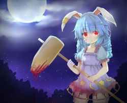 1girl ambiguous_red_liquid animal_ears bad_id bad_pixiv_id blood blood_drip blood_on_face bloomers blue_dress blue_hair cloud crescent dress earclip ellipsis_(mitei) female_focus full_moon kine long_hair mallet moon night night_sky outdoors puffy_short_sleeves puffy_sleeves rabbit_ears red_eyes see-through_clothes seiran_(touhou) short_sleeves sky solo stain star_(sky) star_(symbol) touhou twintails underwear