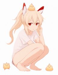 1girl :o ayanami_(azur_lane) azur_lane bare_legs barefoot blank_eyes blonde_hair bottomless breasts elbow_on_thigh expressionless full_body hair_between_eyes hand_up headgear highres insignificant_plankton knees_to_chest knees_up long_hair manjuu_(azur_lane) no_panties no_pants orange_eyes ponytail red_eyes shirt small_breasts solo squatting upshirt very_long_hair white_shirt