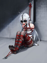 1girl absurdres anal anal_object_insertion arms_behind_back ball_gag bare_shoulders bdsm black_pantyhose blindfold bondage bound bound_ankles bound_arms bound_breasts bound_calves bound_feet bound_legs bound_thighs bound_torso bound_wrists breast_bondage breasts china_dress chinese_clothes commentary_request crotch_rope dildo dildo_harness double_penetration dress drooling elbow_gloves female_focus forced_orgasm gag gag_harness gagged gloves grey_hair hair_ornament highres indoors kumachi_(aikawaakeya) large_variant_set long_hair medium_breasts no_shoes object_insertion original pantyhose restrained saliva saliva_trail sex_toy shibari shibari_over_clothes sitting skindentation soles solo tape taped_hands turtleneck turtleneck_dress vaginal vaginal_object_insertion variant_set very_long_hair vibrator